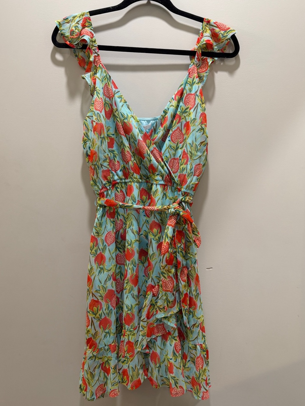 LC Lauren Conrad Blue Floral Wrap Mini Dress with Coral Accents